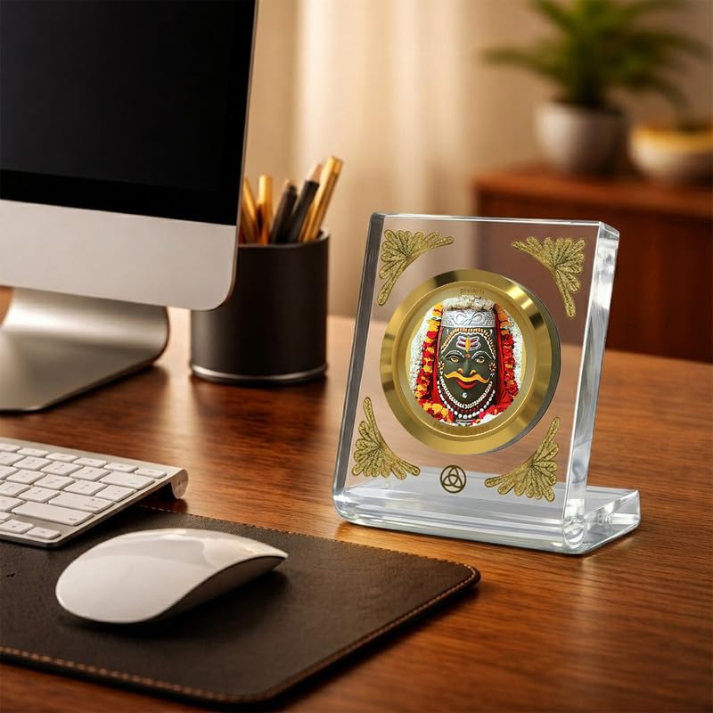 Image of DIVINITI 24K Gold Plated Lord Mahakaleshwar Acrylic Frame for Car Dashboard, Home Temple & Office Table | Premium Spiritual Gift, Blessings for Protection & Positivity, 8x7 cm Decorative Showpiece