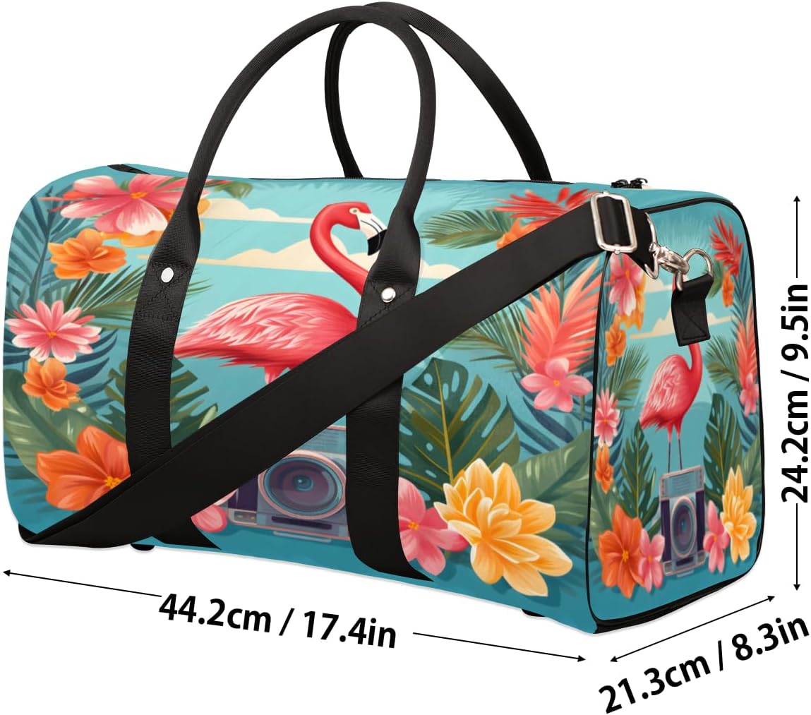 Flamingo Flower Audio Travel Duffel Bag for Women Men Large Capacity Overnight Weekender Bags for Lightweight Waterproof Sport Gym Bag for Workout Yoga Swim