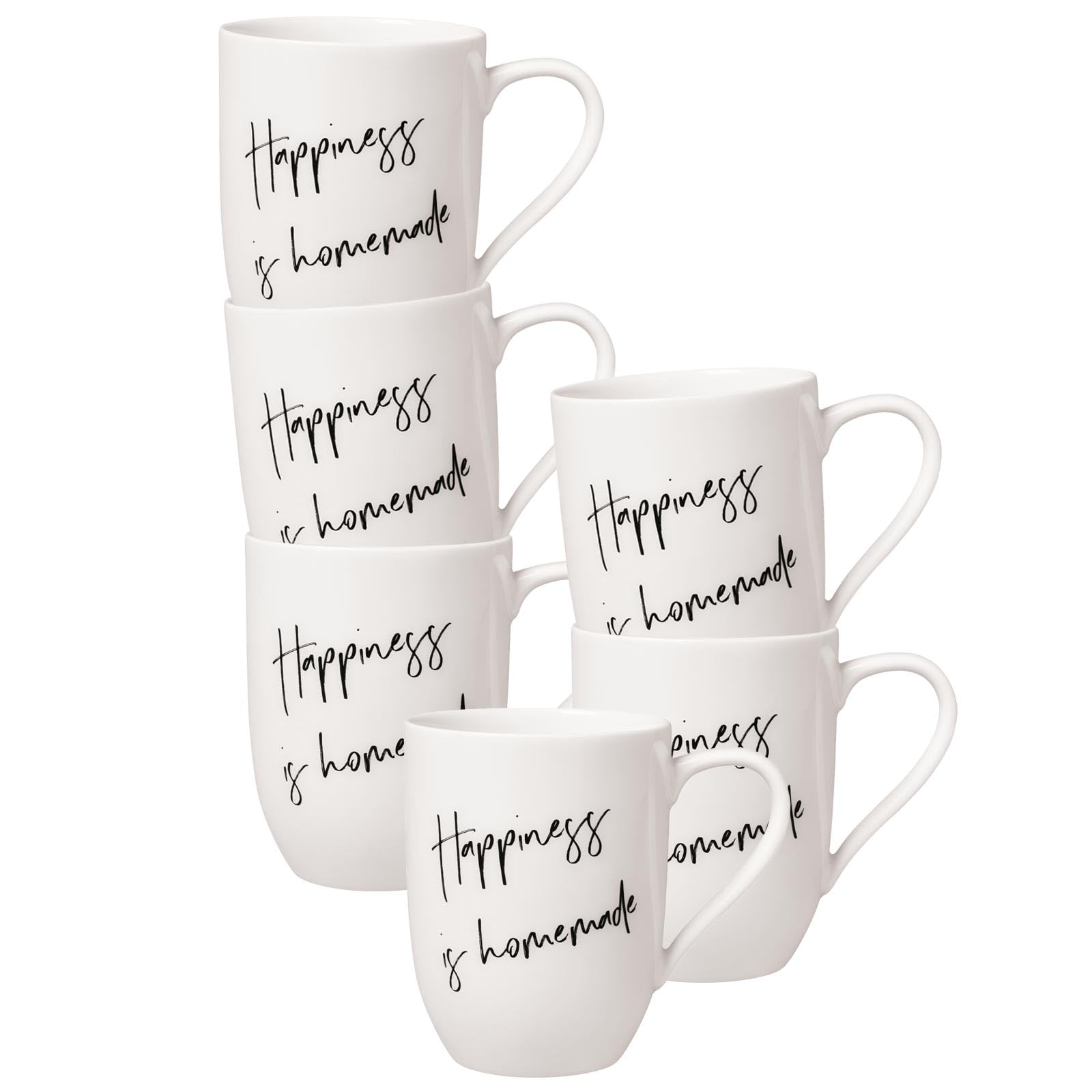 Villeroy & Boch - Juego de 6 tazas con asa, Happiness is Homemade, 280 ml, taza de café con frases, porcelana premium, color blanco y negro