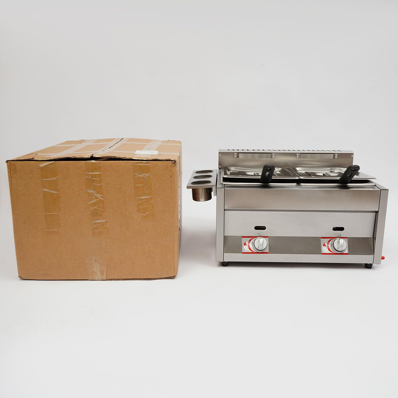 Friteuse Pro 2 Cuves 6L, Double Gaz avec 2 Paniers pour Restaurant, Friteuse Snack Inox 430 avec Thermostat 50-380°C, Équipement Cuisine Commerciale pour Frites Poulet (60.3 * 46 * 33.5)