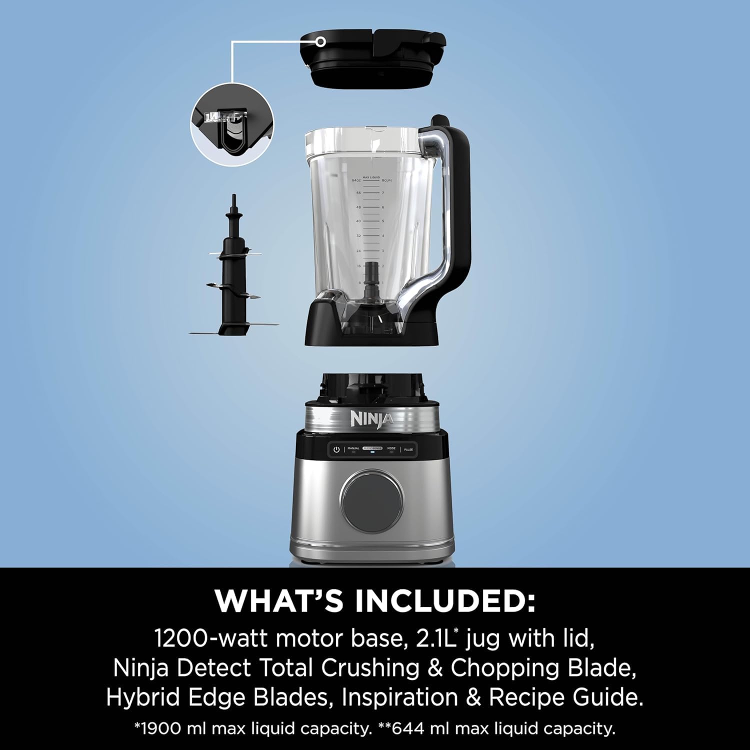 Ninja Detect Power Blender Pro 1200 W con brocca da 2 l (capacità massima del liquido 1900 ml), potente frullatore per frullati, tritare verdure e mescolare bevande surgelate, nero, TB201UK