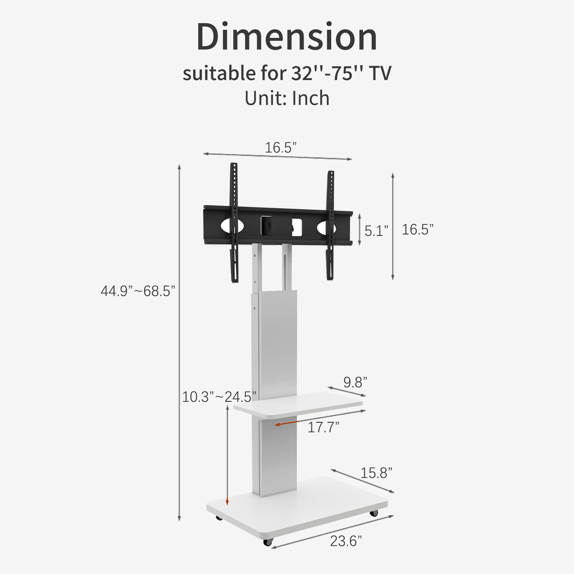Rollender TV-Ständer mit Ablage für 32-75 Zoll LCD LED OLED Plasma Flach/Curved Panel Bildschirme, TV-Wagen für Wohnzimmer, Schlafzimmer, Büro, Holzregal, Weiß
