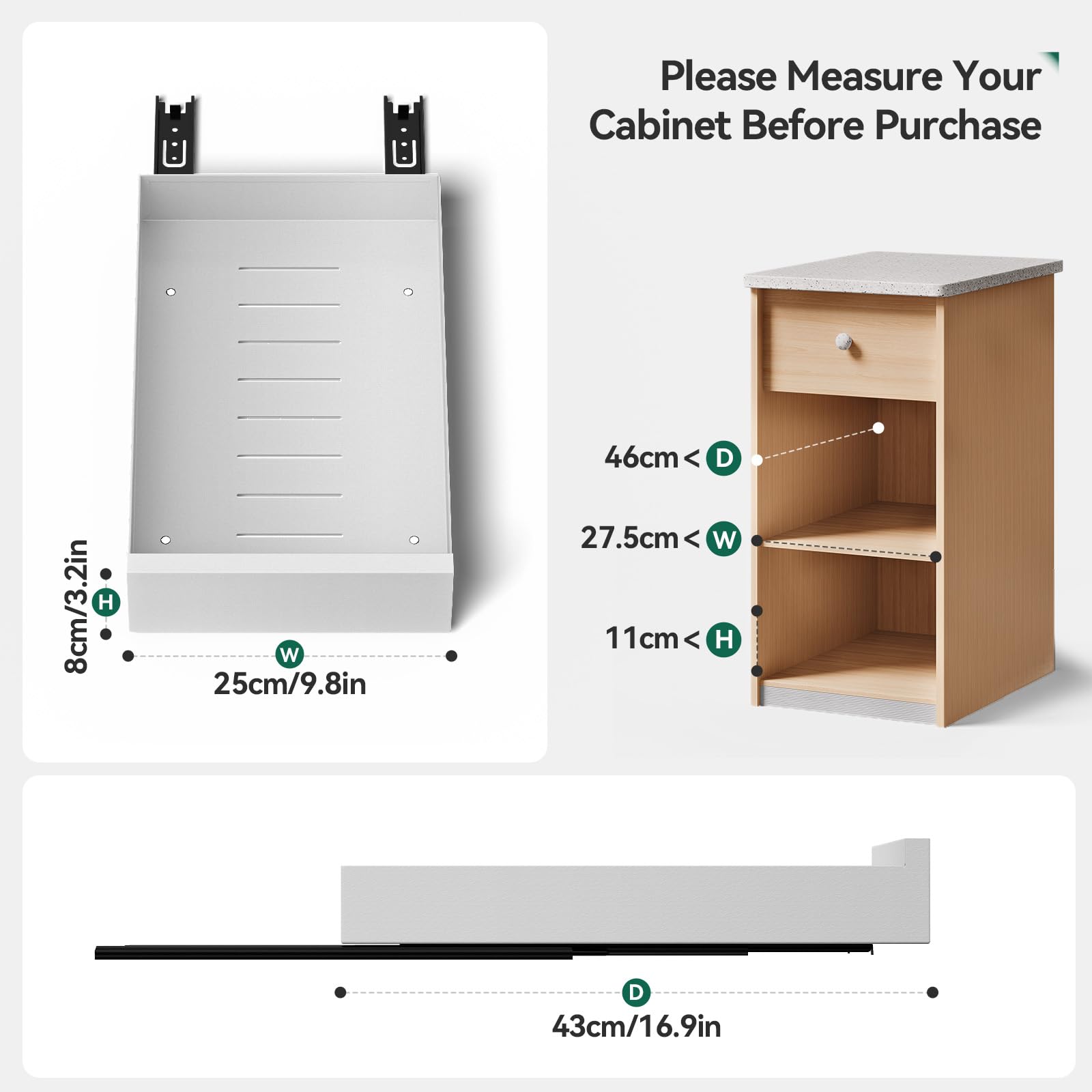Warmiehomy Organizador de armario extraíble de 25 cm de ancho, estantes deslizantes extensibles para armario de cocina, despensa, baño, cajón deslizante blanco, sin necesidad de taladro, 25 x 43 x 8
