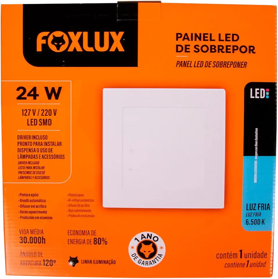 Foxlux Painel LED Quadrado Sobrepor 24W 6500K Biv, Branco