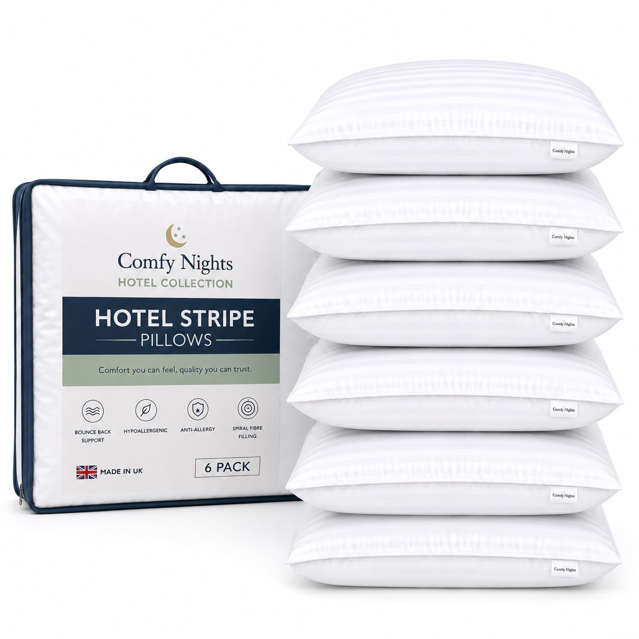 Comfy Nights Pillow 6 Pack Hotel Quality Stripe Bed Pillows Hypoallergenic & Anti Dust Mite Resistant Firm Support Side Sleeper Bounce Back Pillow (Pack of 6)