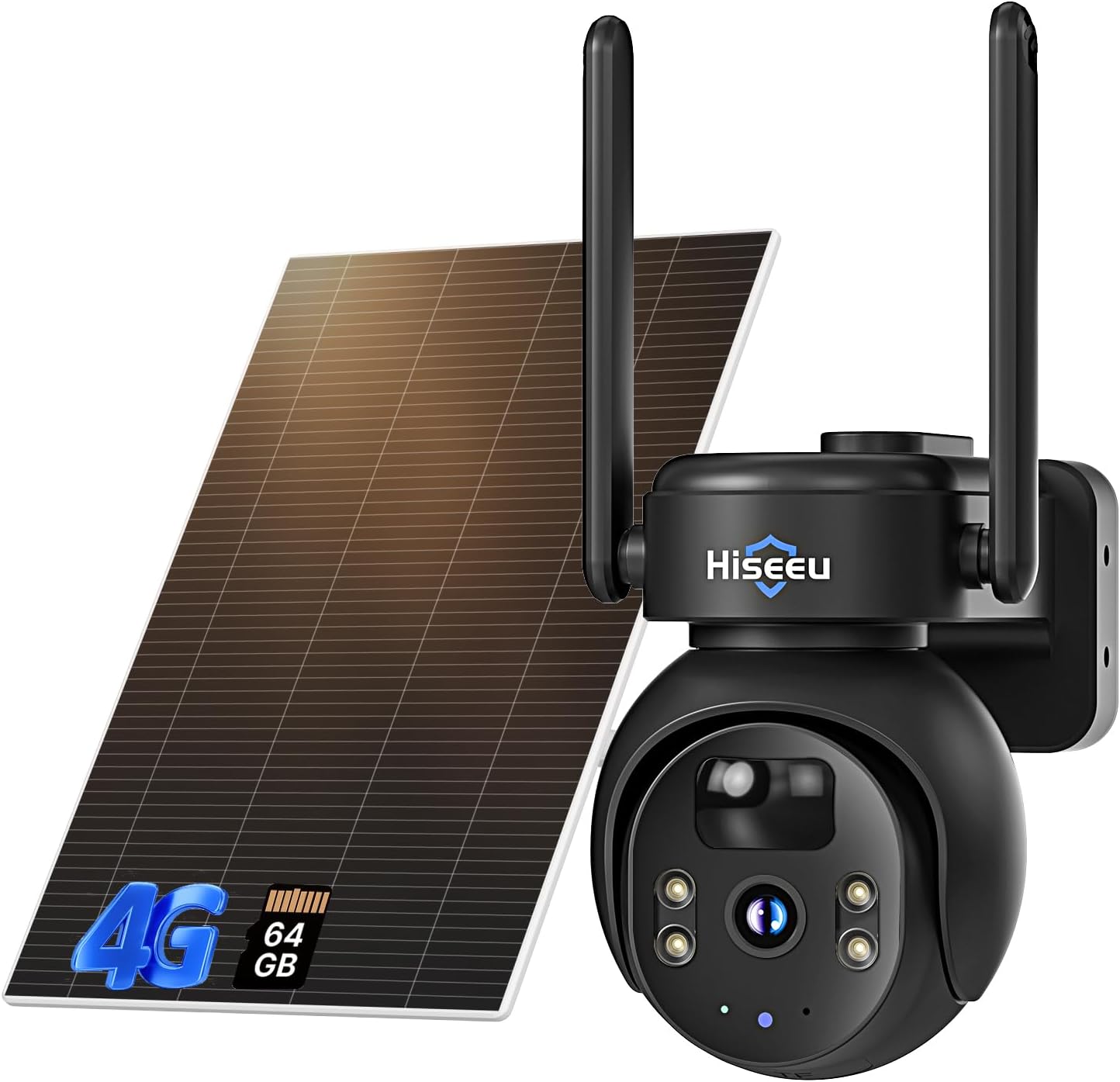 Hiseeu 4G LTE Cellular Security Camera Solar Powered, No WiFi Security Camera Wireless Outdoor, PIR Motion, 2 Way Talk, 360° PTZ, 2K Color Night Vision, 64G SD & SIM Card Included