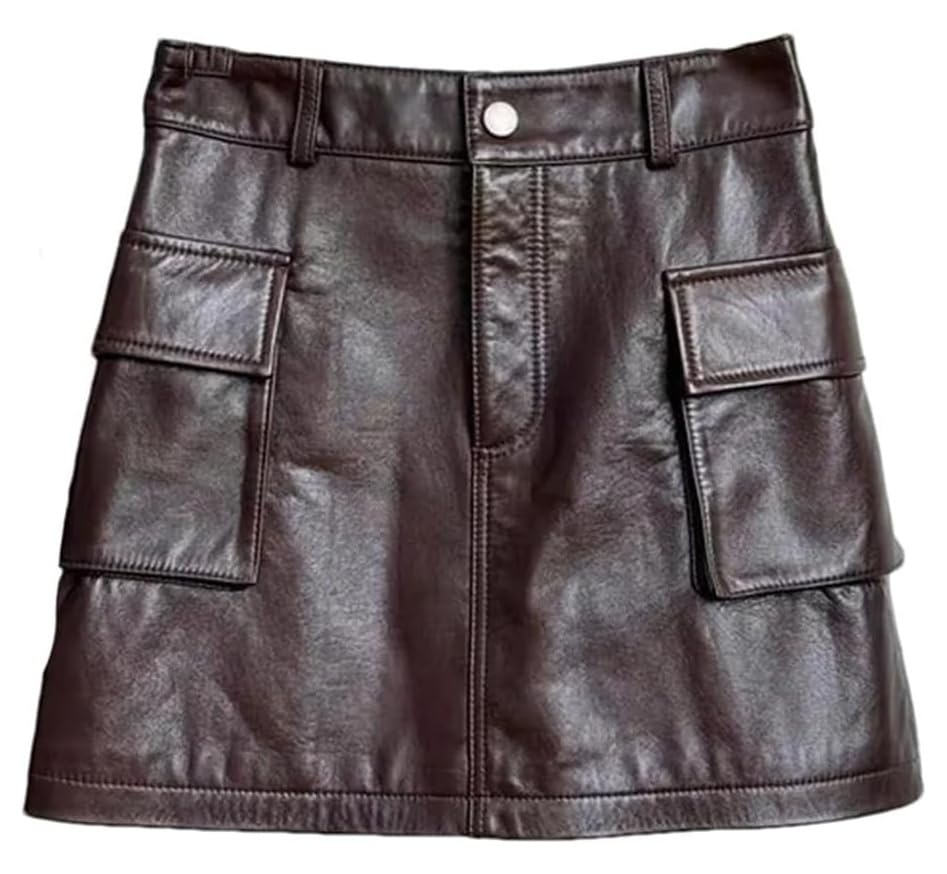 Women's High Waist Leather A-Line Skirt with Side Pockets Slim Fit Casual Mini Skirt