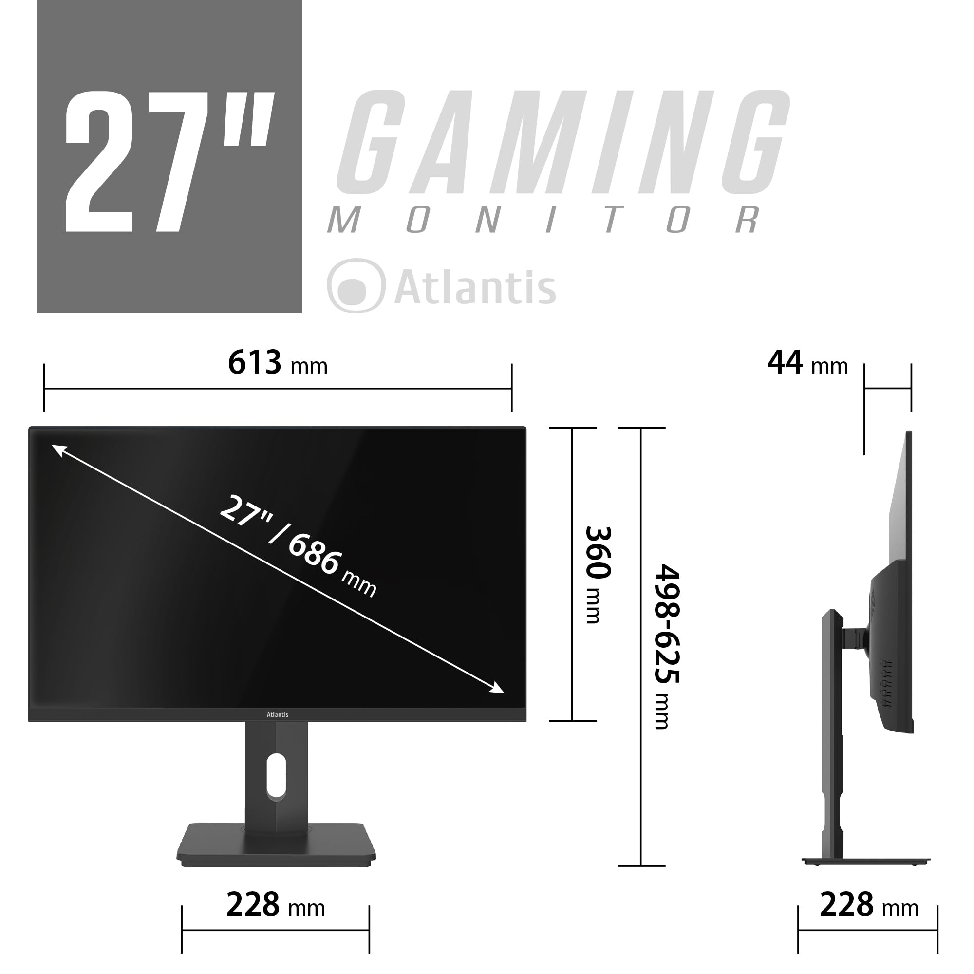Atlantis Monitor 27 pollici Gaming 100Hz, schermo 27", Full HD 1920x1080, VGA HDMI e DP, MULTIMEDIALE,FreeSync,alzabile inclinabile, pivot risposta 5ms,Contrasto 1000:1,Angolo 178/178,Cavo HDMI e DP