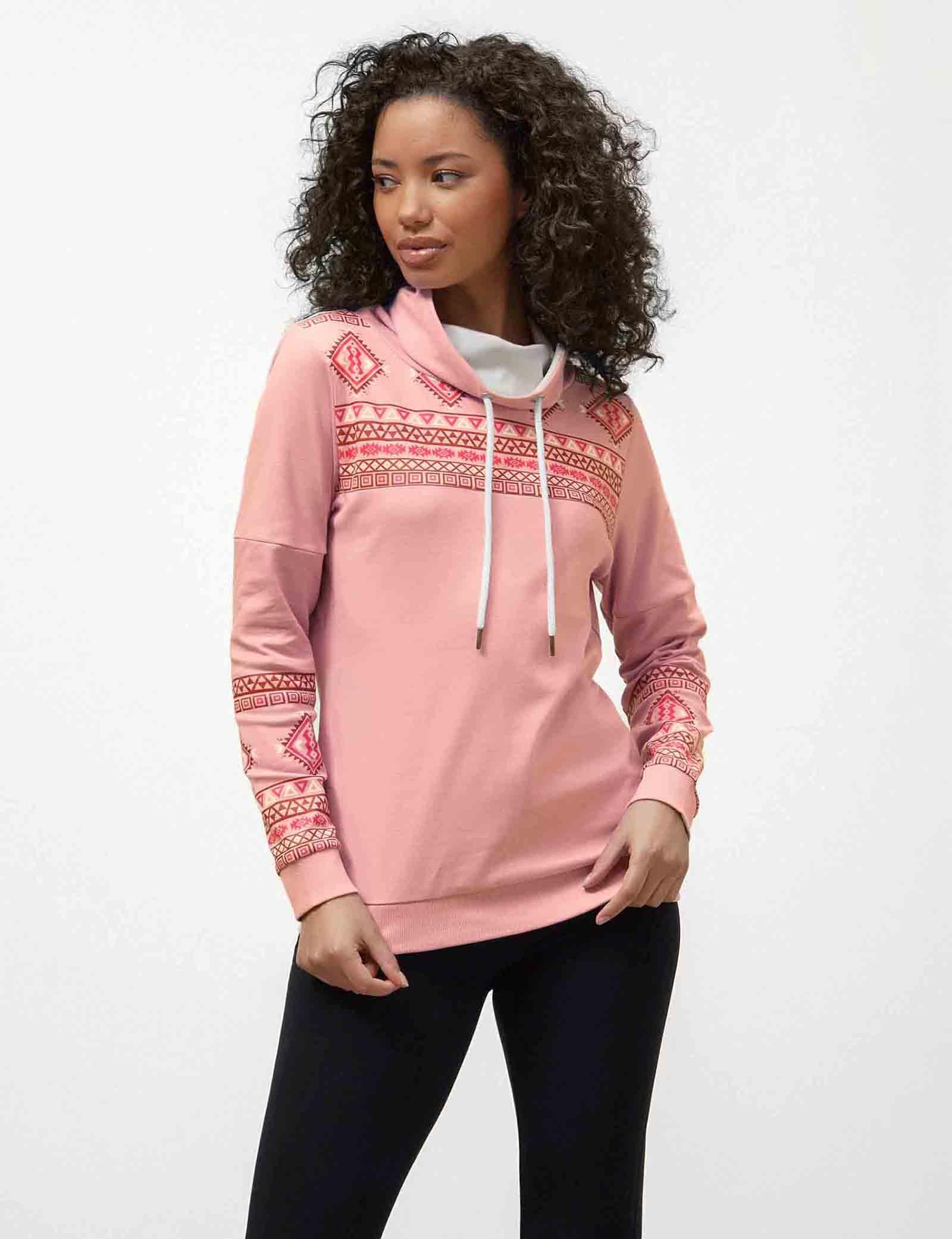 Sudadera de cuello alto con estampado geográfico para mujer, manga larga, diseño geométrico, hilo de fibra suave, ajuste delgado, con cordón de ojal y tapón