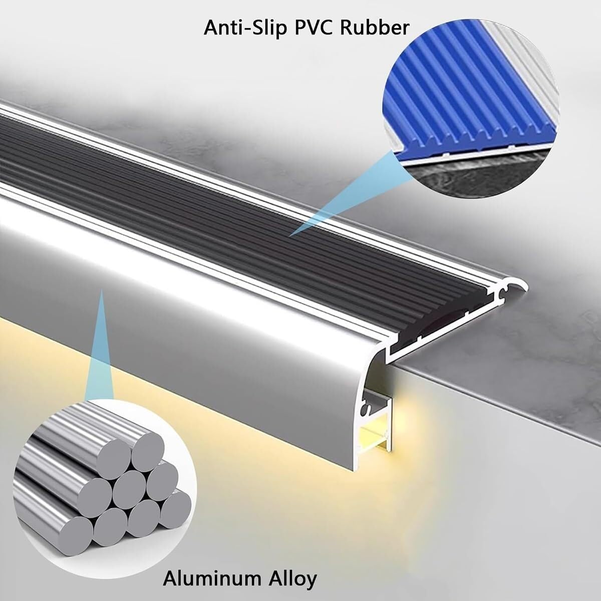 Perfil Antideslizante para Escaleras de Aluminio con Ranura para Tira LED, Zócalo en L con Tira de Goma Antideslizante para Seguridad en Hogar, Oficinas y Uso Comercial(Negro,150cm/59in)