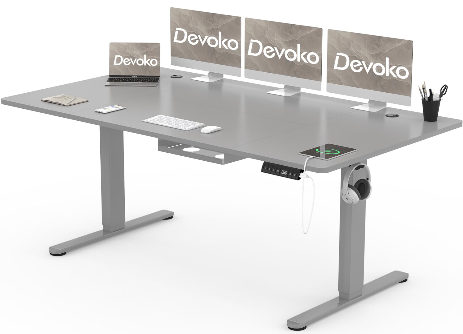 Devoko Scrivania Regolabile in Altezza 180 x 80 cm, Scrivania da Ufficio con Sistemi Anti-Collisione e Funzione di Memoria, Tavolo didattico Ergonomica Elettrica, Grigio