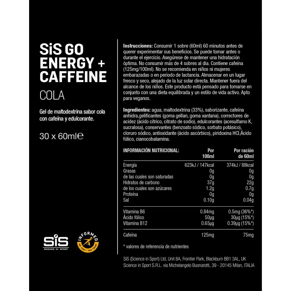 Science in Sport GO Energy + Caffeine 30x60ml Cola, Vegano – Gel con 150mg de cafeína y 22g de carbohidratos, Energía para deportes de resistencia