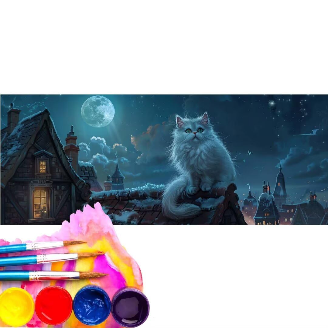 Peinture par Numero, DIY Paint by Numbers Kit Peinture par Numéros pour Adultes Débutants, Peinture à l'huile Peinture Peintures Kit, pour Décoration Intérieure (Sans Cadre) Lune Chat 50x100cm wk-152
