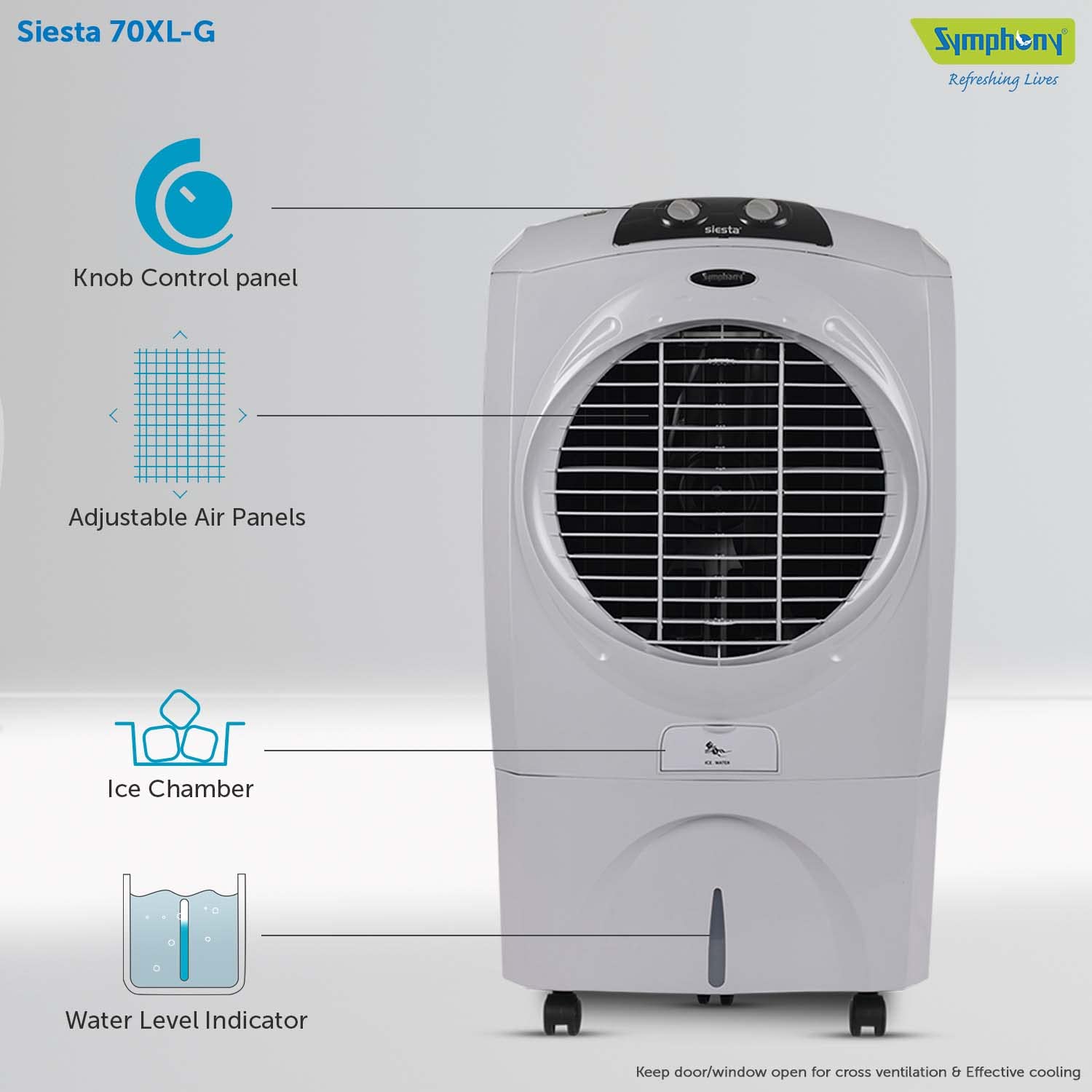 Symphony Siesta 70 XL Desert Air Cooler front view showing knob control panel, adjustable air panels, ice chamber, and water level indicator.
