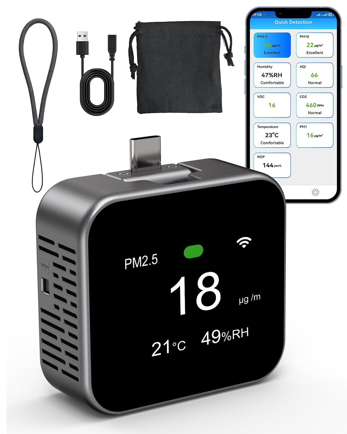METRINARY Air Quality Monitor, 9-in-1 Indoor Air Tester with App
