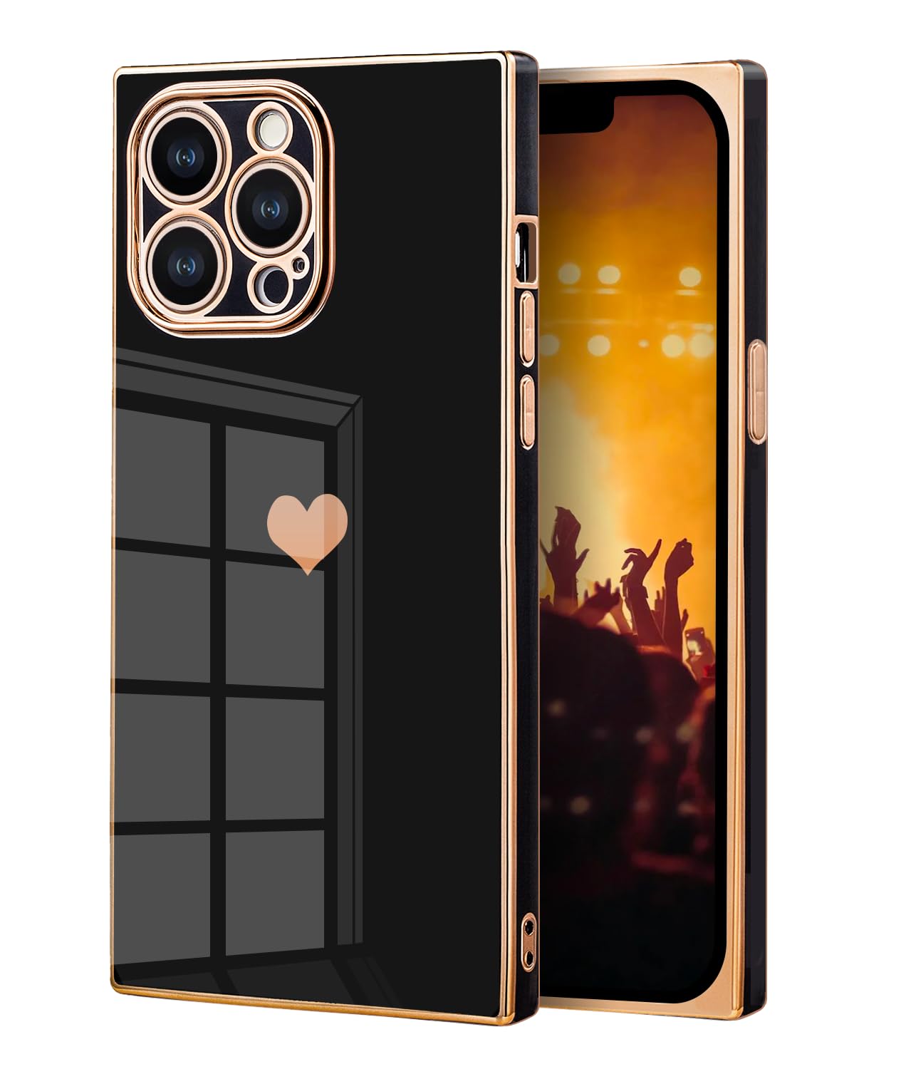 Case for iPhone 14 Pro Max - Rectangle Design, Full Camera Protection, Cute Heart Pattern, Electroplated Reinforced Corners, Shockproof Edge Bumper,Compatible with iPhone 14 Pro Max,Black