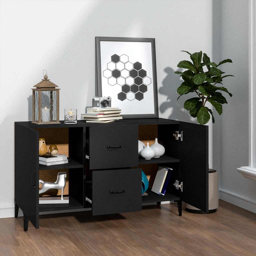 Czarny kredens 100x36x60 cm drewno inżynieryjne, szafka boczna z 2 drzwiami i 2 szufladami, szafka do przechowywania do salonu, stylowy design i łatwe do czyszczenia