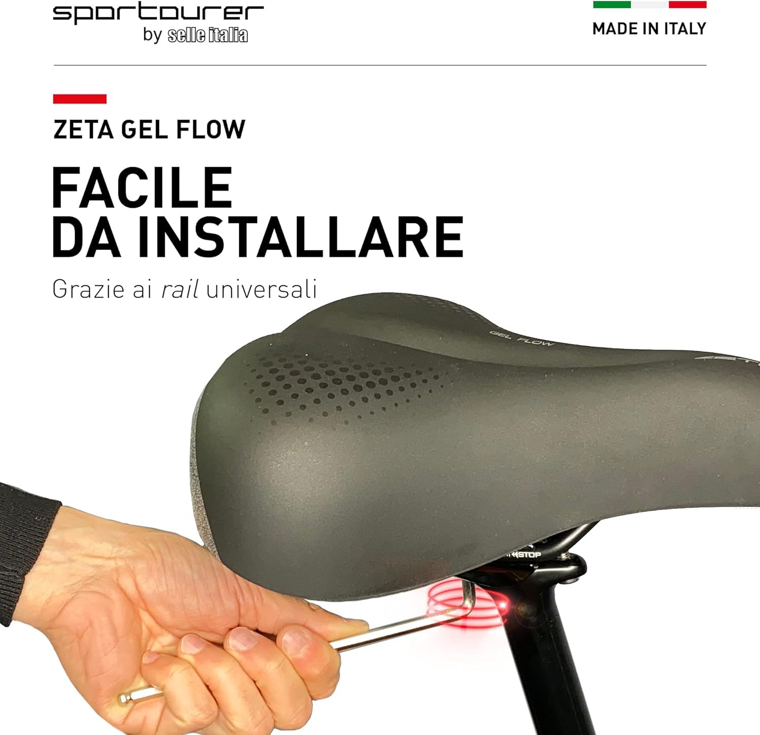 Sportourer by Selle Italia - Zeta Comfort Gel SuperFlow, Sella per Bicicletta da Città, Morbida in Gel, Con Tecnologia Riflettente per Scarsa Visibilità, Resistente all'Acqua - Nera