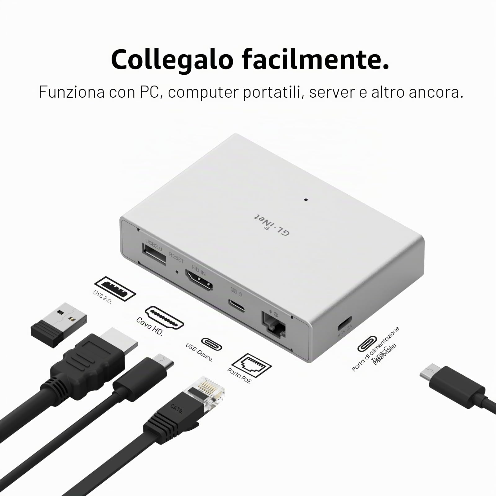 GL.iNet Comet PoE (GL-RM1PE) Controllo KVM remoto su Internet - Opzione doppia alimentazione PoE/Type-C 4K@30Hz, supporto EMMC Tailscale da 32 GB per PC Server Accesso remoto Gestione