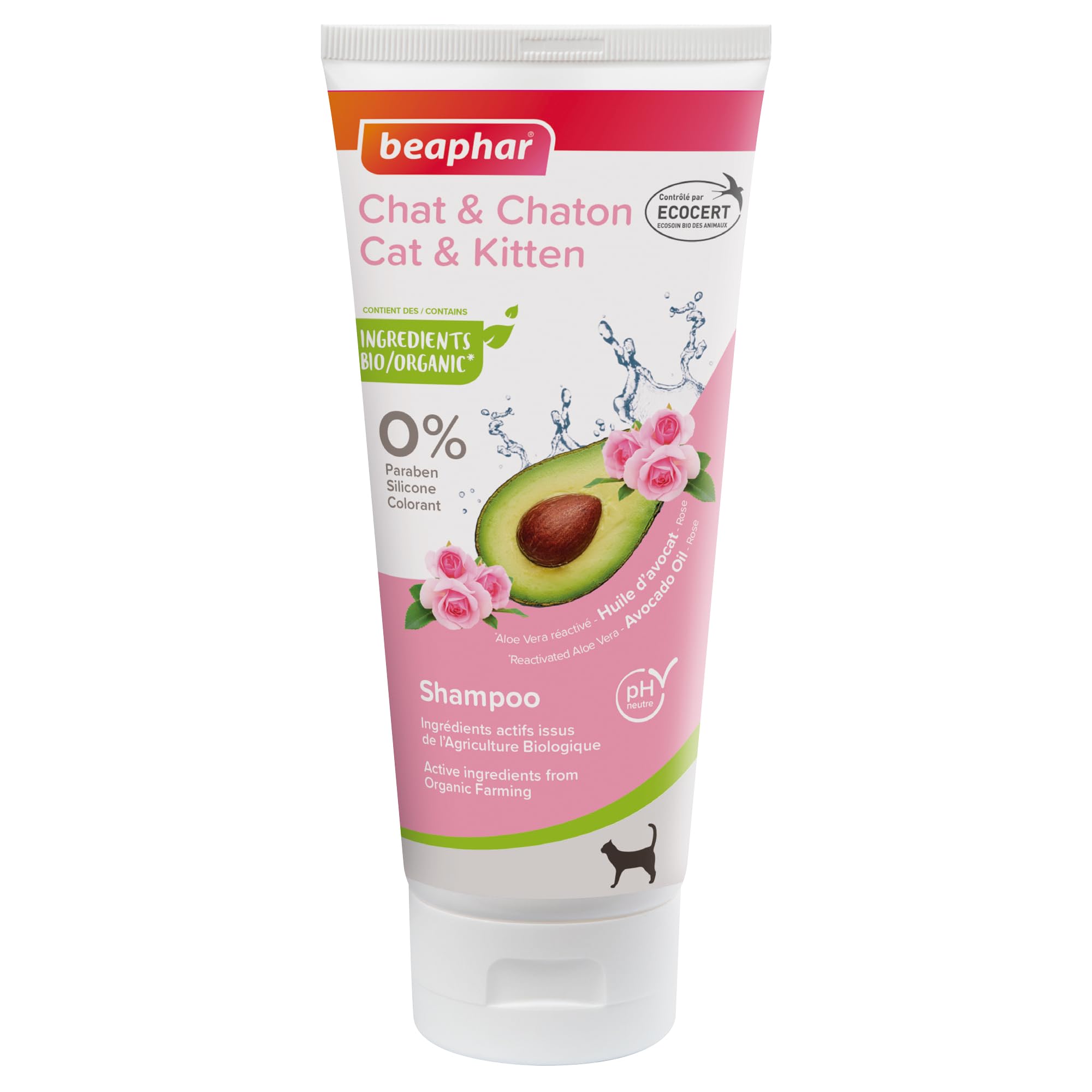 BEAPHAR – Shampoing Éco-certifié pour Chat et Chaton – Contient de l'Aloe Vera, de l'huile d'Avocat et de la Rose Bio – pH Neutre – sans parabène, sans Silicone, sans Colorant et sans Alcool – 200 ML