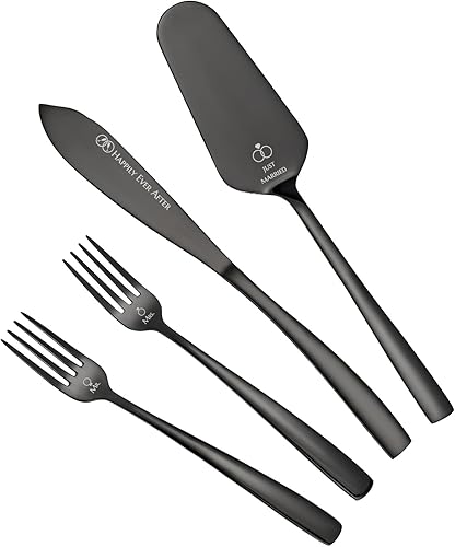 AW BRIDAL Juego de cuchillo y cortador de pastel de boda negro con tenedores, juego de corte de tartas Mr y Mrs para pasteles para compromiso,