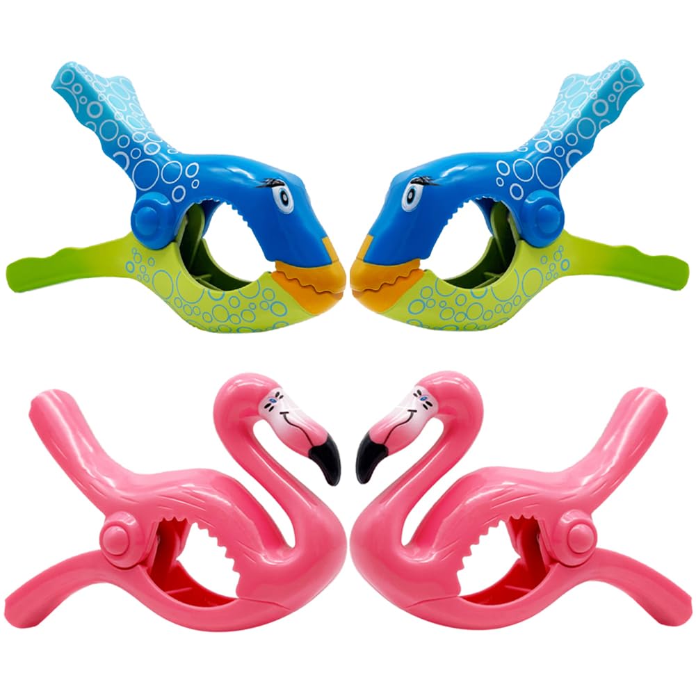Kirmoo 4 Pack Beach Towel Clips for Beach Pool Lounge & Cruise Chairs Holders Fun Cute Plastic Large Clothespins for Hanging Clothes Pins Set of 4 (Flamingo and Fish)