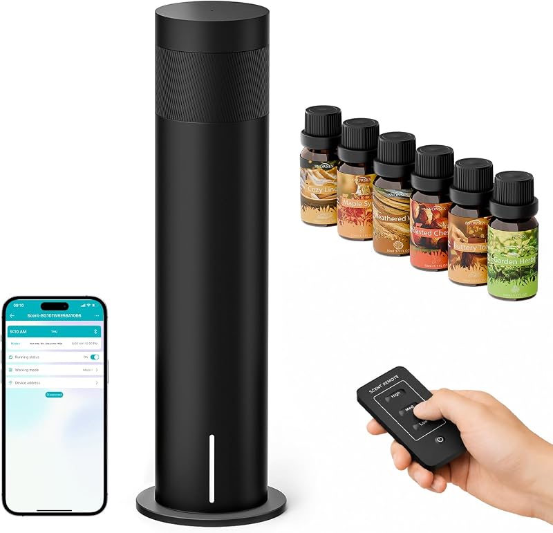 Waterless Essential Oil Diffuser Starter Kit, Cold Air Machine with 6 Scent Oils, 1500 Sq.ft for Large Room Home Office, Hotel Collection Smart Aromatherapy Diffuser, Remote Control & APP & Timer
