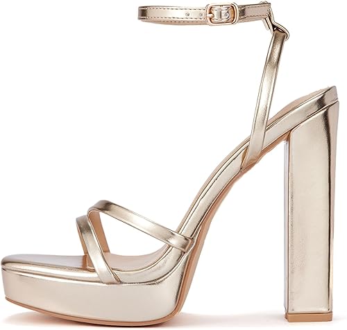 GENSHUO Sandalias de tacón alto grueso con plataforma para mujer, puntera cuadrada, correa en el tobillo, sandalias de tacón con tiras para boda,