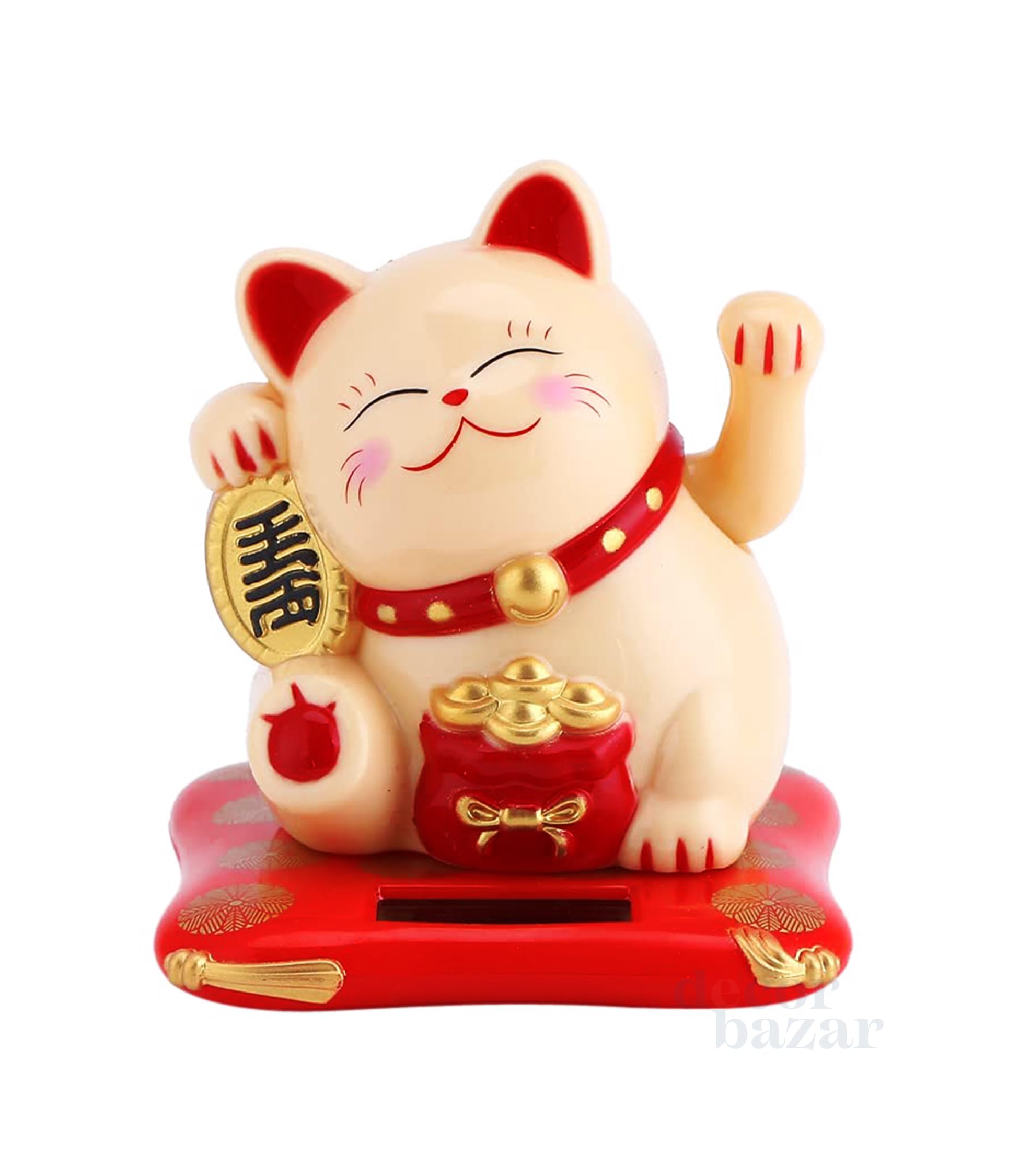 Decor Bazar Solar Energy Powered White Maneki Neko Beckoning Hand Waving Lucky Money Cat for Home, Office and Car Decor (Plastic, 8cm Height) | No Batteries Required (Yellow)