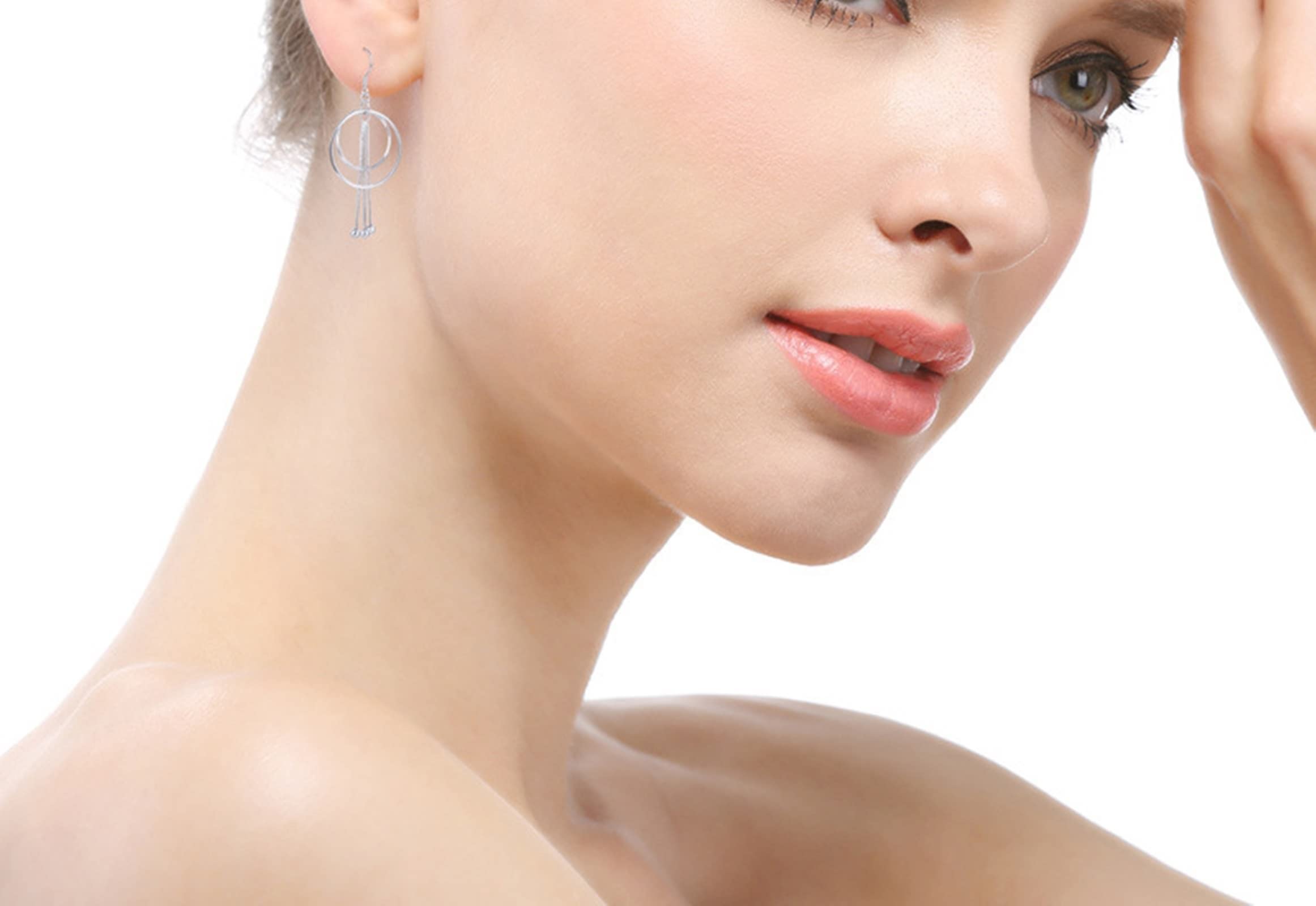 Orecchini pendenti in argento sterling, orecchini in argento per adolescenti tre grandi cerchi francesi filo alla moda da donna 53 x 25,1 mm, Nessuna pietra preziosa