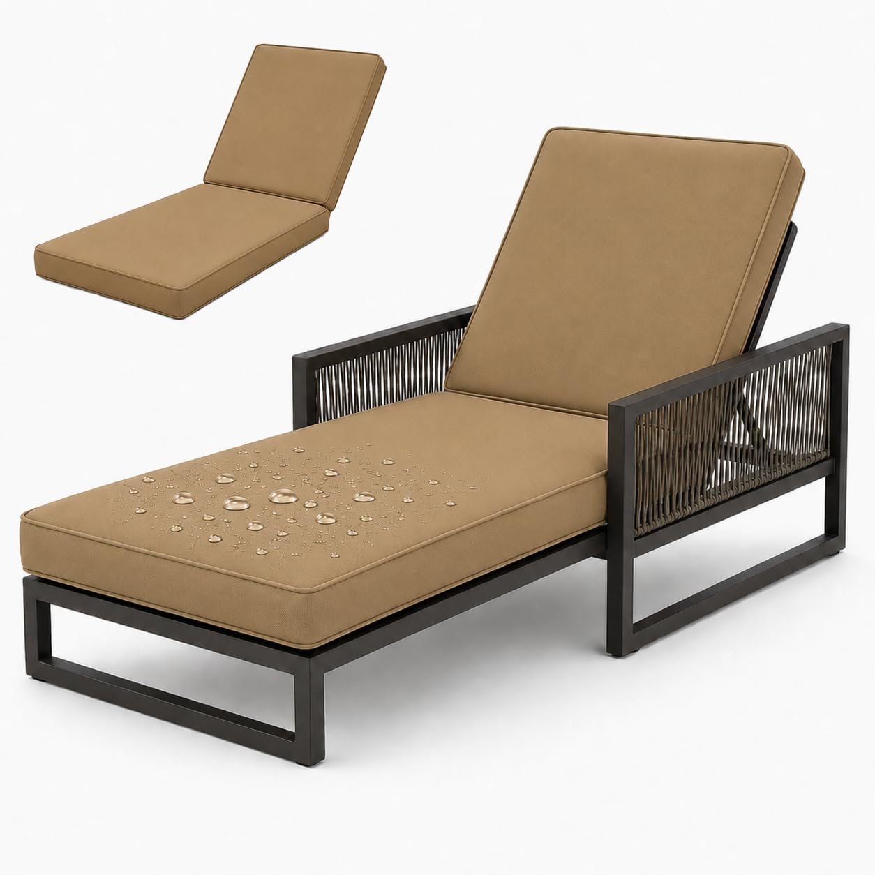 AZMAHT Sunlounger Cushions Only, Waterproof Thick Padded Sun Lounger Cushion for Garden Rattan Chairs, 50D Foam Recliner Replacement Pad with 6 Ties & Piping,Khaki,193x56x6cm