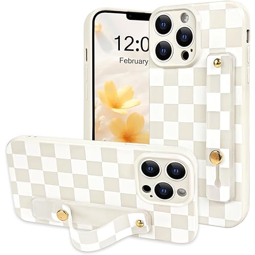 NITITOP Compatible with iPhone 13 Pro Max Case with Wrist Strap Kickstand Cute Trendy Checkerboard Plaid for Women Girls Slim Fit TPU Silicone Shockproof Full Camera Protective Cover - White