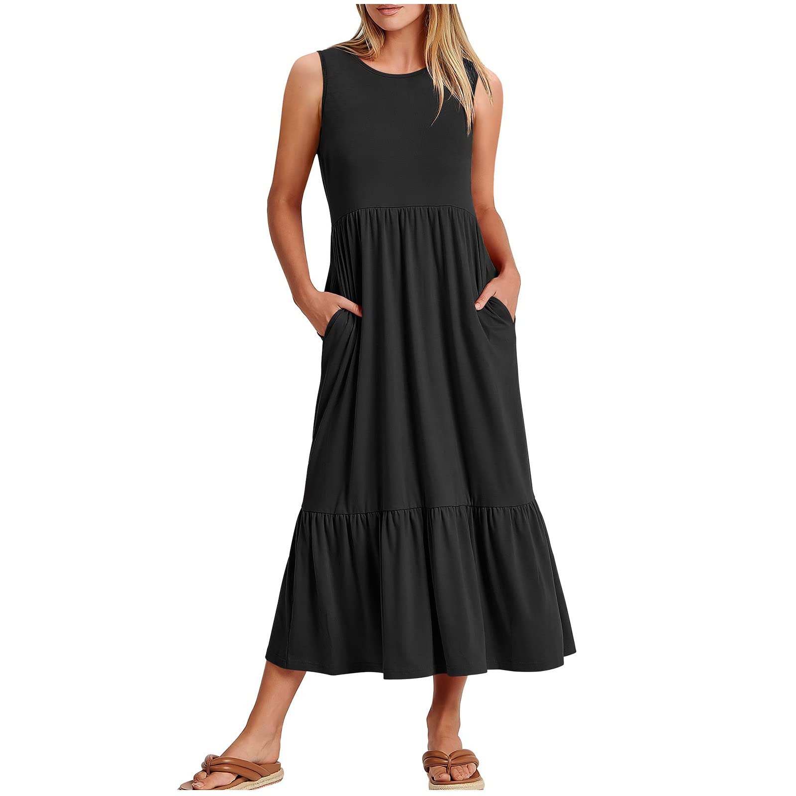Dresses for Women Summer Fall Sleeveless Crew Neck Midi Ruched Basic Dresses Women 2023 Fashion