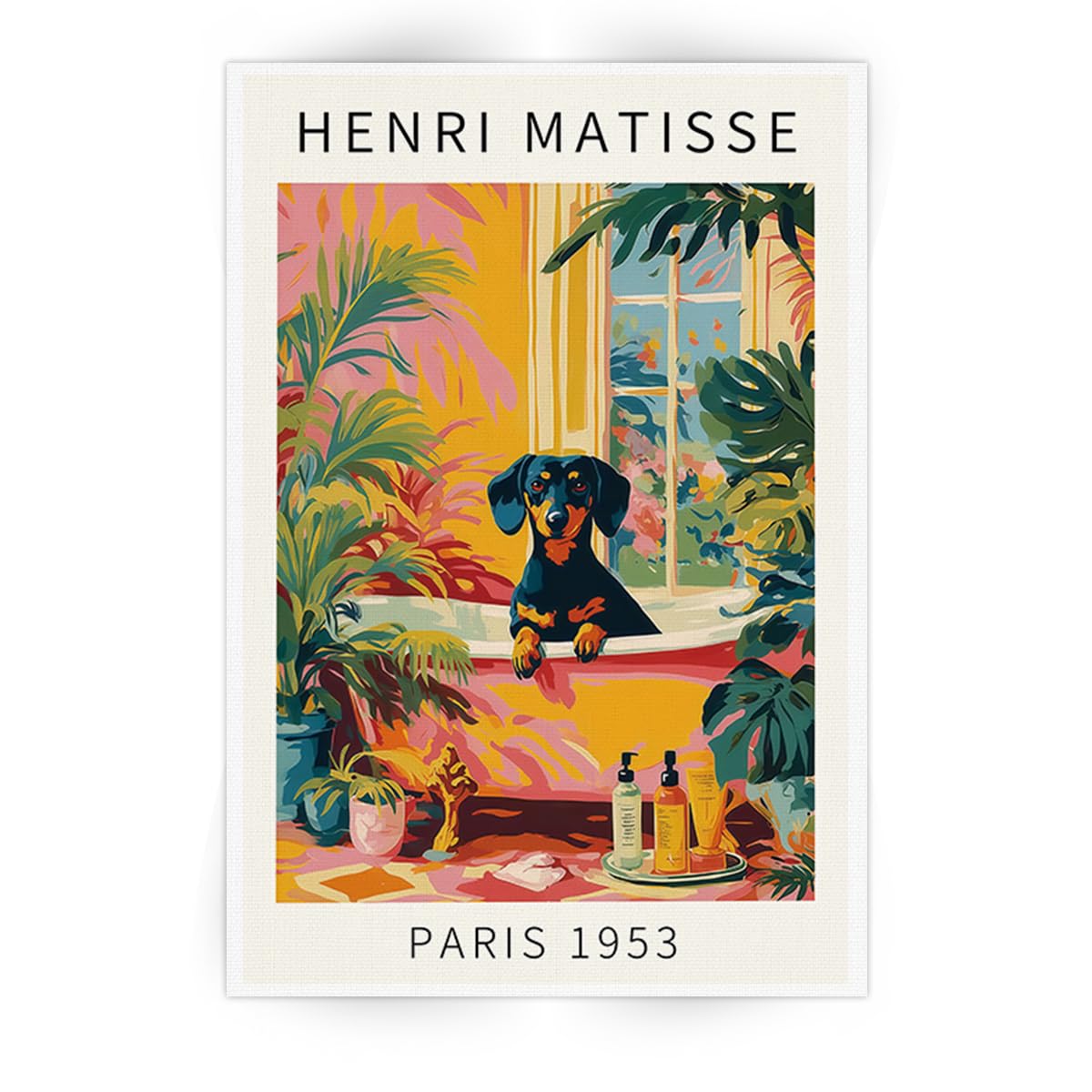 SKINGE Funny Dog Bathroom Wall Art Henri Matisse Room Aesthetics Retro Pink Decor Dachshund In Bathtub Canvas Painting Print Artworks Animal Bathroom Art Aesthetics Pictures 16x24 inch Unframed
