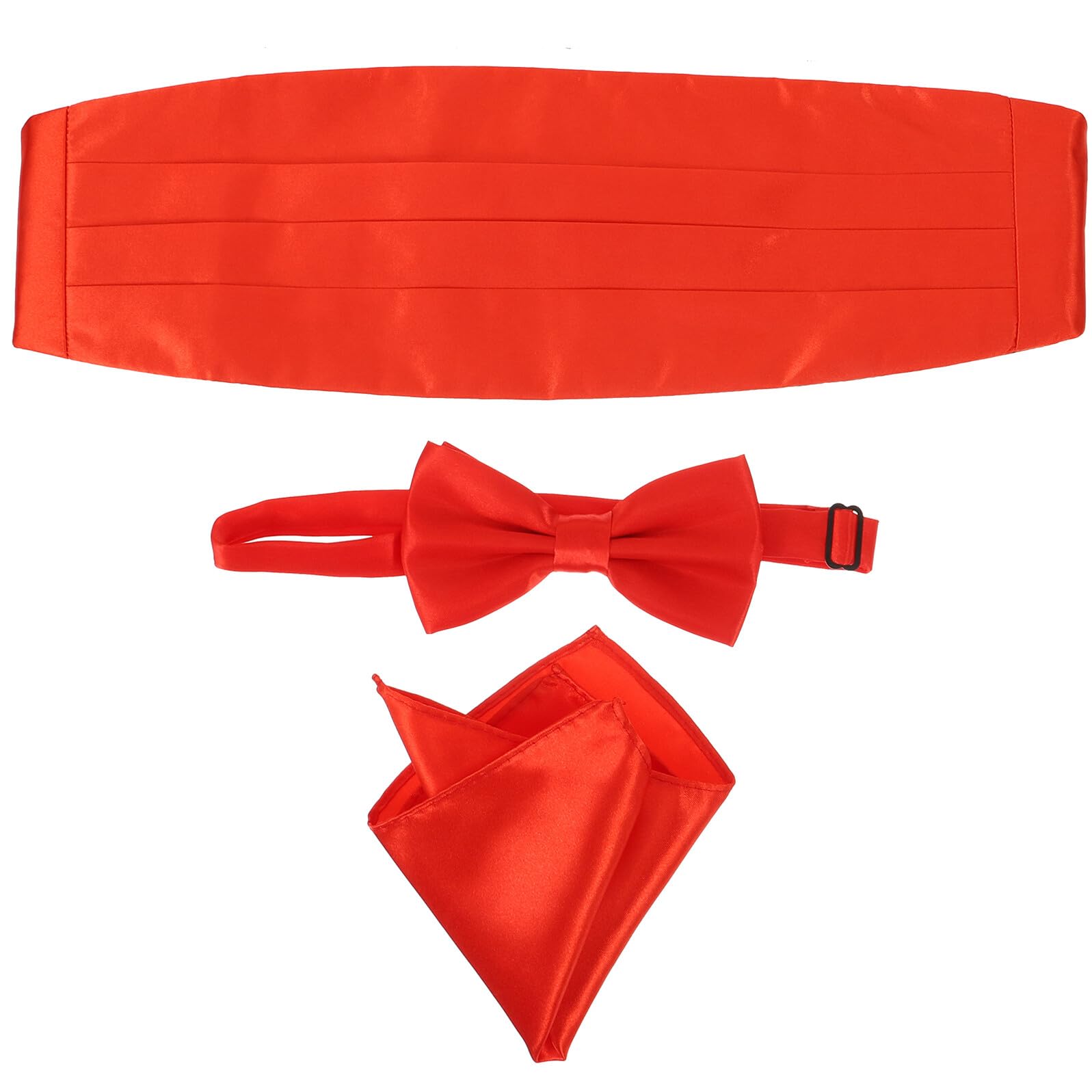 Ensemble 3 Pièces pour Homme Nœud en Satin Rouge Brillant, Ceinture de Smoking Ajustable 4 Plis, Mouchoir de Poche Polyester Entièrement Doublé pour Fête
