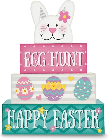 4 Pcs Wooden Easter Table Decorations Cute Bunny Tiered Tray Décor Set