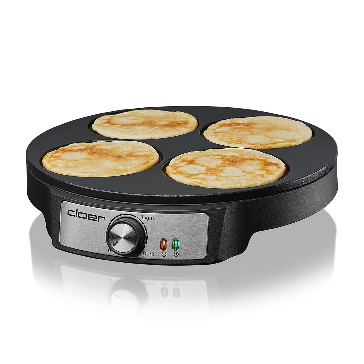 Cloer 6625 Pancake Maker, Mini Pancakes, pour 4 petites pancakes de d'un diamètre de 11 cm, 1200 W, revêtement antiadhésif, comprend un tourne-pancake, noir