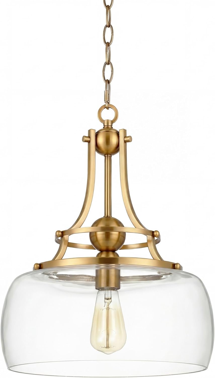 Kira Home Royale 14" Modern Schoolhouse Gold Pendant Light, Gold Sculptural Stem Hanging Light with Glass Bowl Shade, Cool Brass Finish