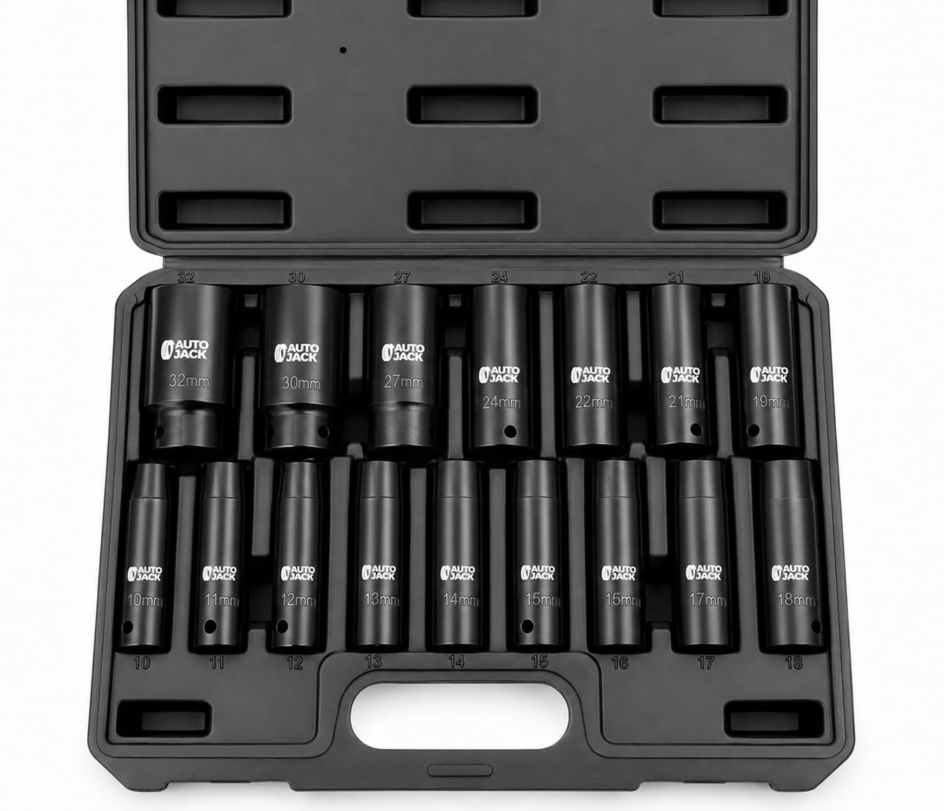 Autojack 16pc Deep Impact Socket Set 1/2 Inch CR-MO Metric 10-32mm Sockets | 16pc 1/2" Drive Deep Metric Socket Set with 6 point design, corrosion-resistant finish and a robust carry case.