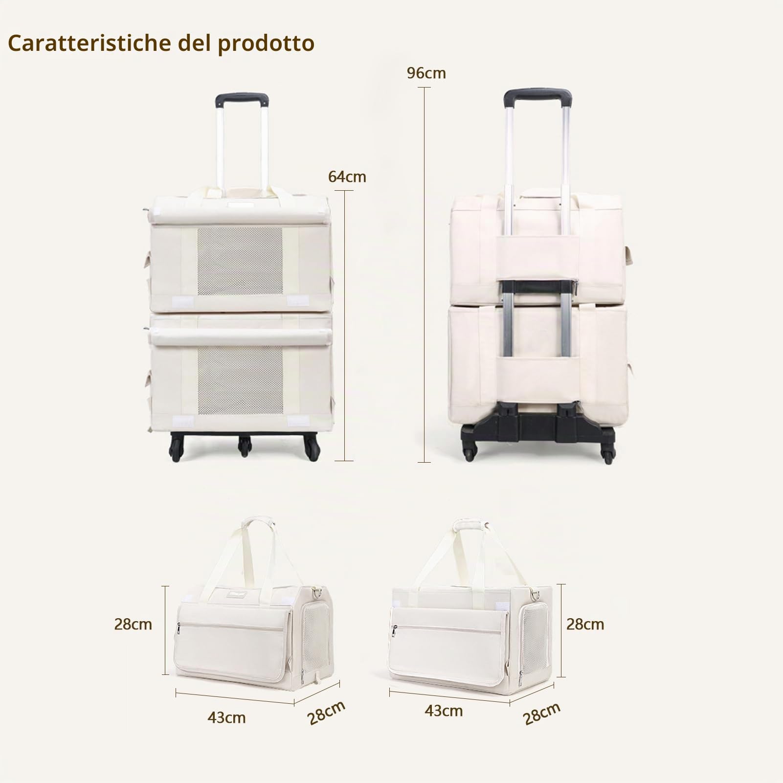 Combo Trasportino per Animali con Carrello e Zaino - Maniglia Staccabile, Ruote e Doppie Borse per 2 Piccoli Animali Domestici Pieghevole Trasportino per Gatti e Cani con Spazio di Stoccaggio