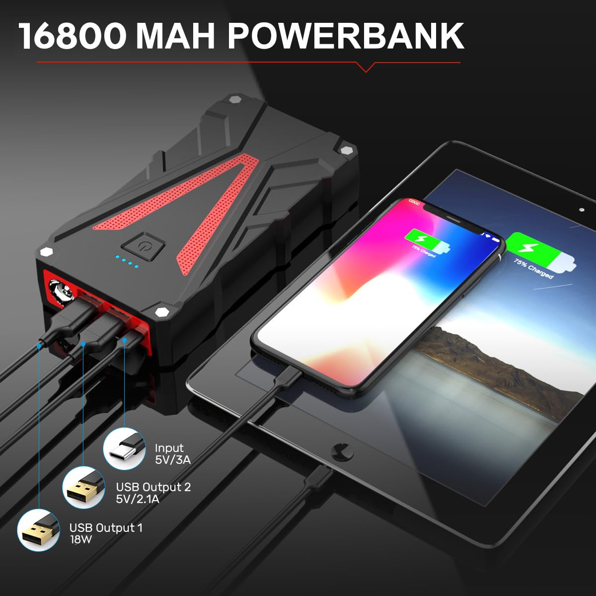 BR500 Démarreur Batterie Voiture, Crête 3000A, 16800mAh Démarrage (Jusqu'à 7.0L Essence/6.0L Gazole) Booster Portable
