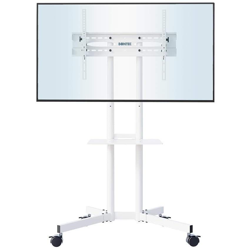 BONTEC Supporto da pavimento per TV da 32 a 85 pollici, LED, LCD, OLED, Plasma, piatto e curvo, altezza regolabile, con staffe fino a 60 kg, VESA max 600 x 400 mm, bianco