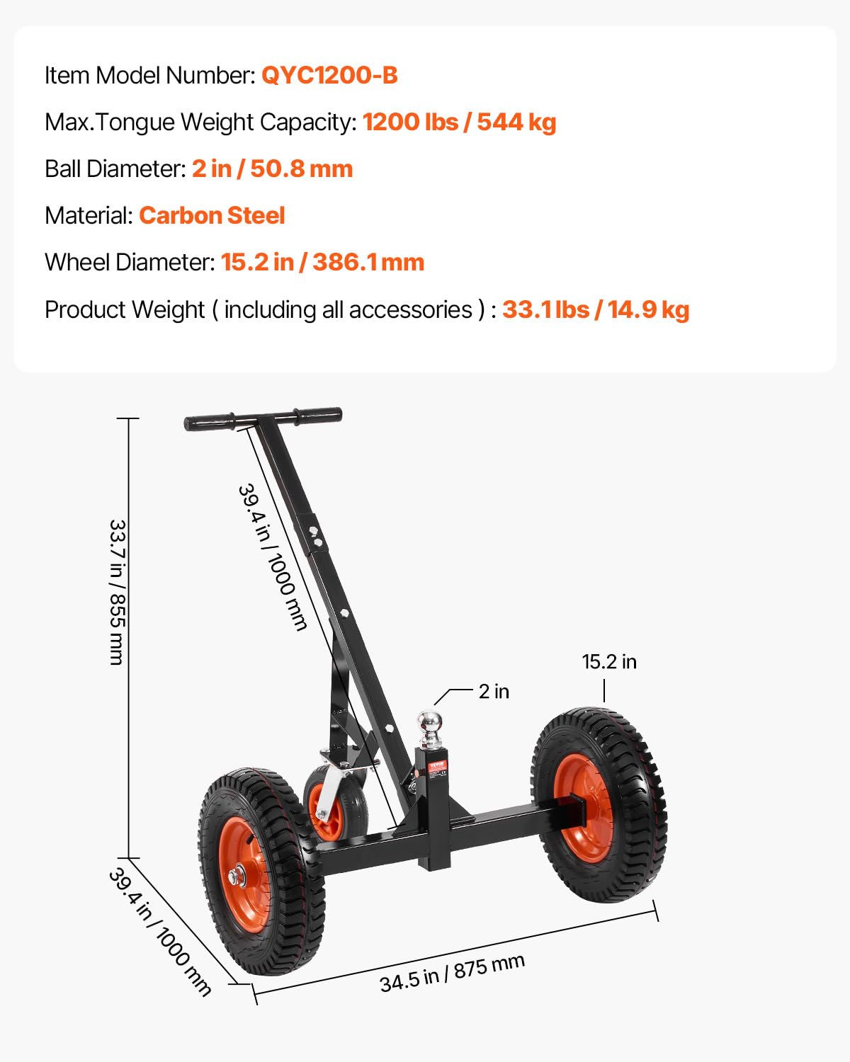 VEVOR Plataforma Rodante para Remolque, Capacidad de Peso de la Barra de Tracción de 544 kg, Altura Ajustable de 460 y 560 mm, Bola de 50,8 mm, Neumáticos de 386 mm, para Mover Remolques de RV