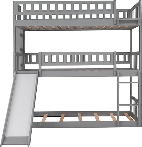 Miniatura 6 de Literas triples 3 camas en 1 con tobogán convertible literas de madera maciza individual sobre individual sobre individual litera triple con