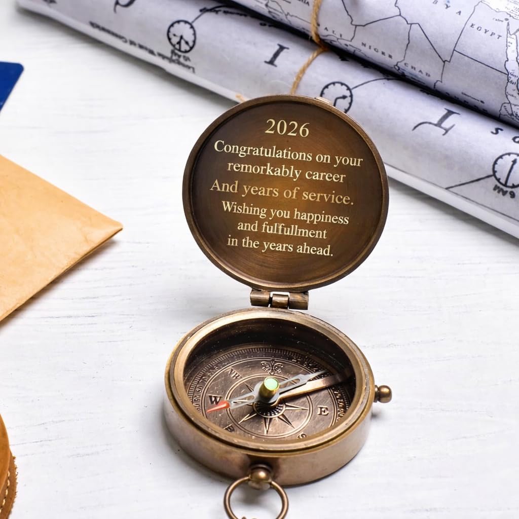 Engraved Brass Compass, 2026 Retirement Gift, Personalized Career Congratulations Message, Vintage Style with Lid