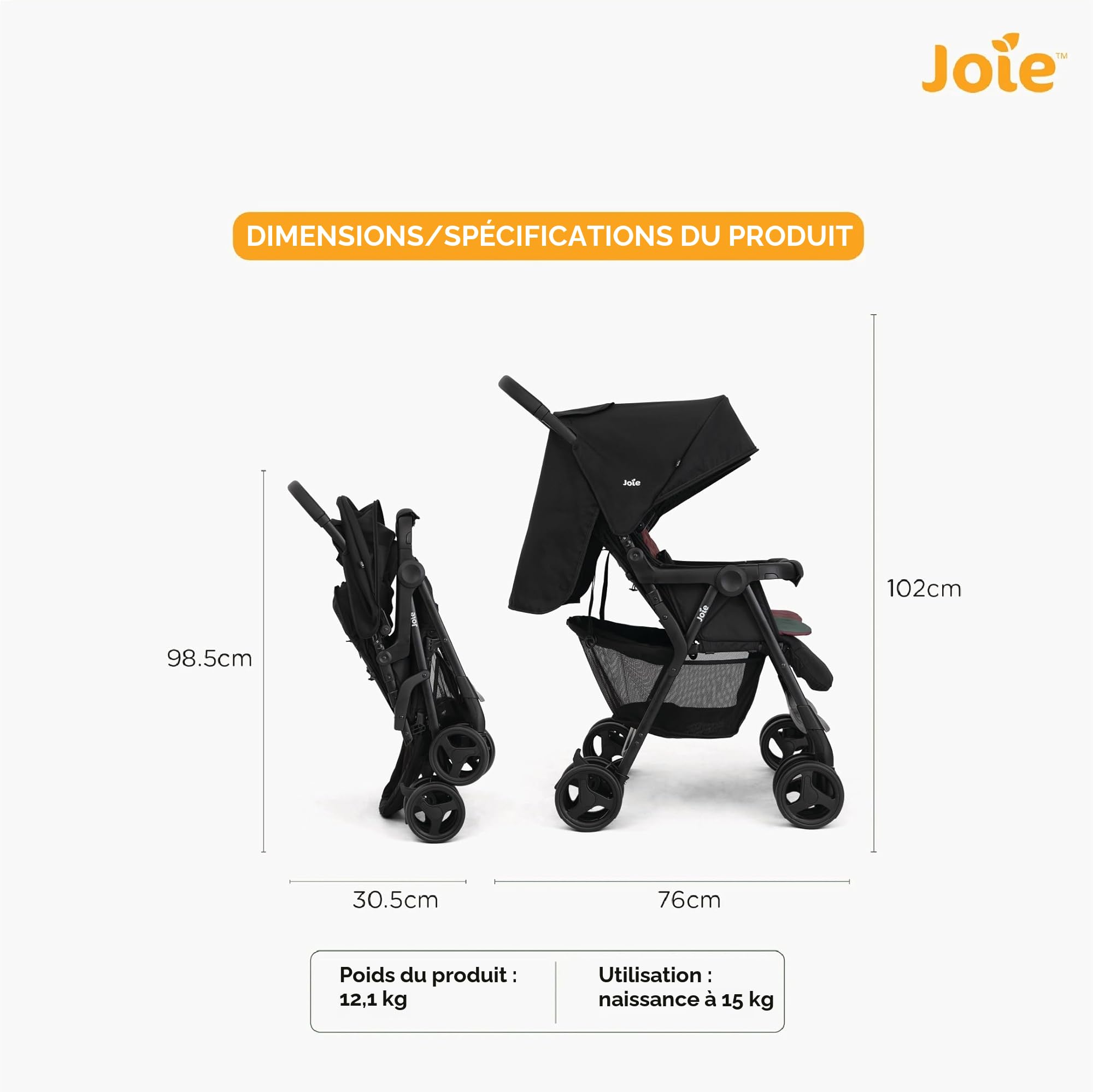 Poussette double JOIE AIR TWIN côte à côte 15 kg UPF 50+ pliage facile pluie incluse Shale