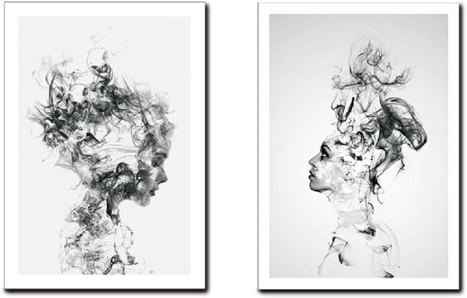 ANIUHL Abstract Smoke Girls Wall Art Canvas Print Poster Black and White Photography Art Line Drawing Decor for Living Room Bedroom (Set of 2 Unframed, 16x20 inches)