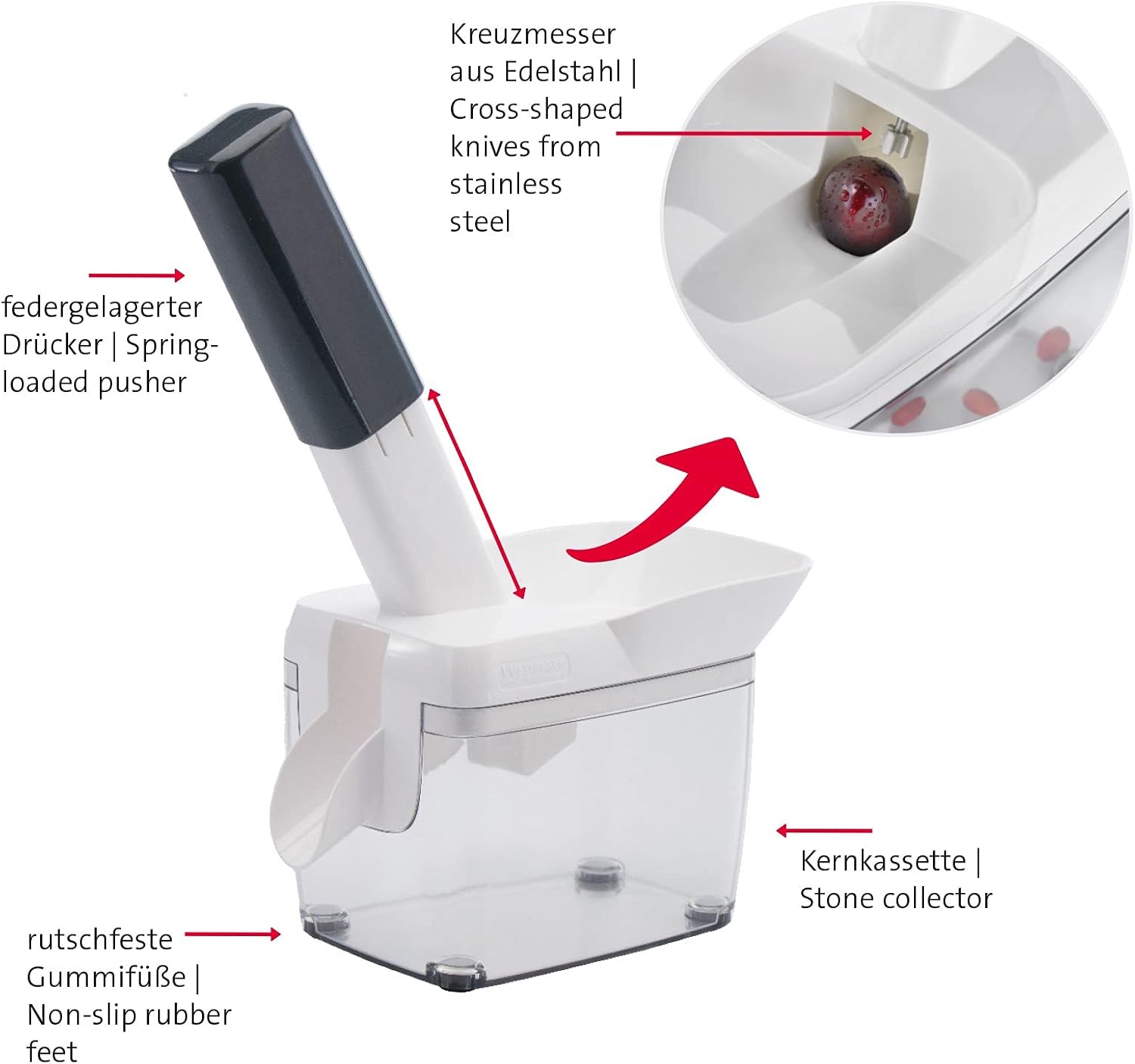 Westmark Cherry Stoner Pitter, Stainless Steel plunger Comes with Waste Container, Stones Cherries Ready For Cakes and Preserves