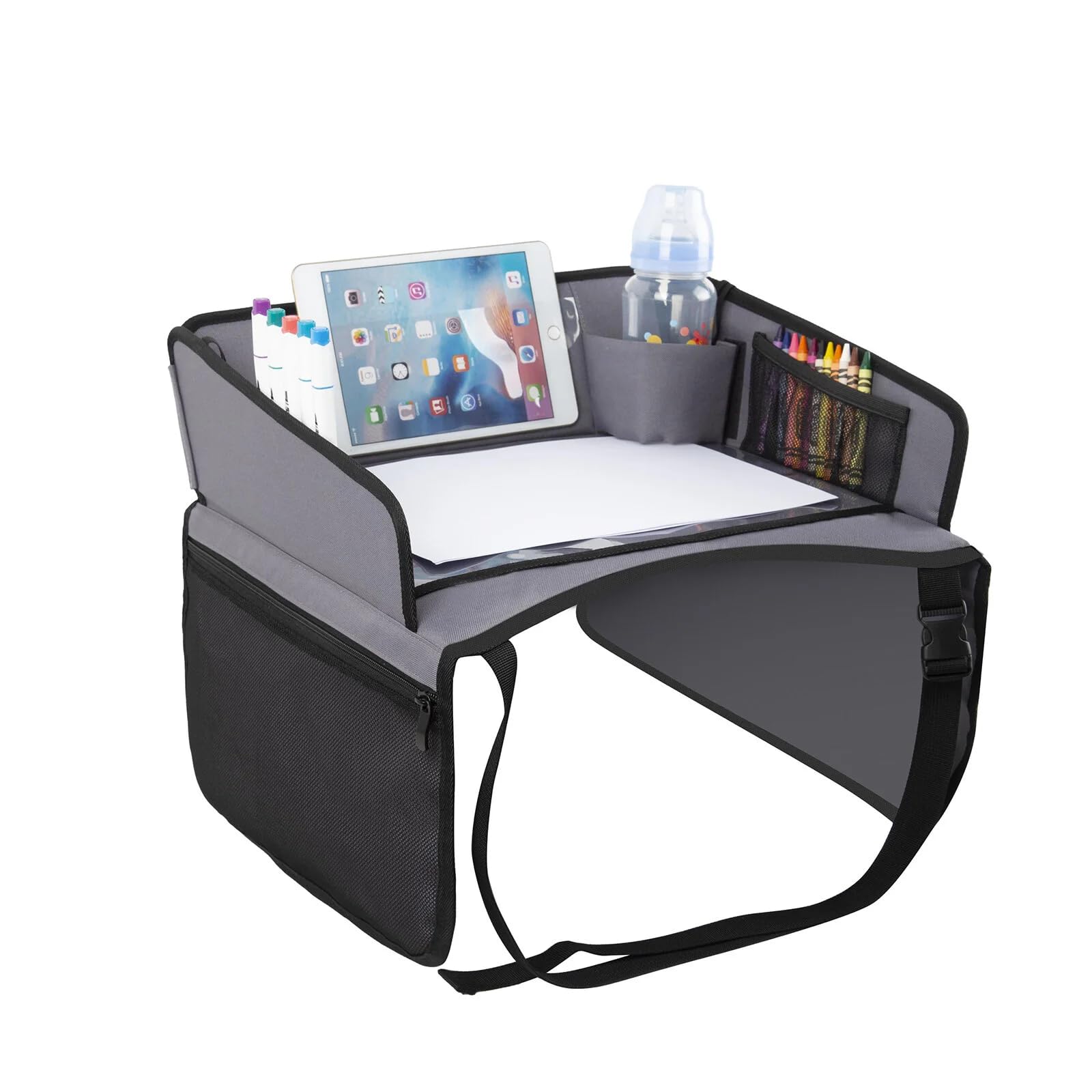 ebaby Kids Travel Tray for Toddler Car Seat | Organize Snacks, Play Tray with Multi-Pockets for Cars | No-Drop Tablet Holder & Borders | Lap Tray for Airplane