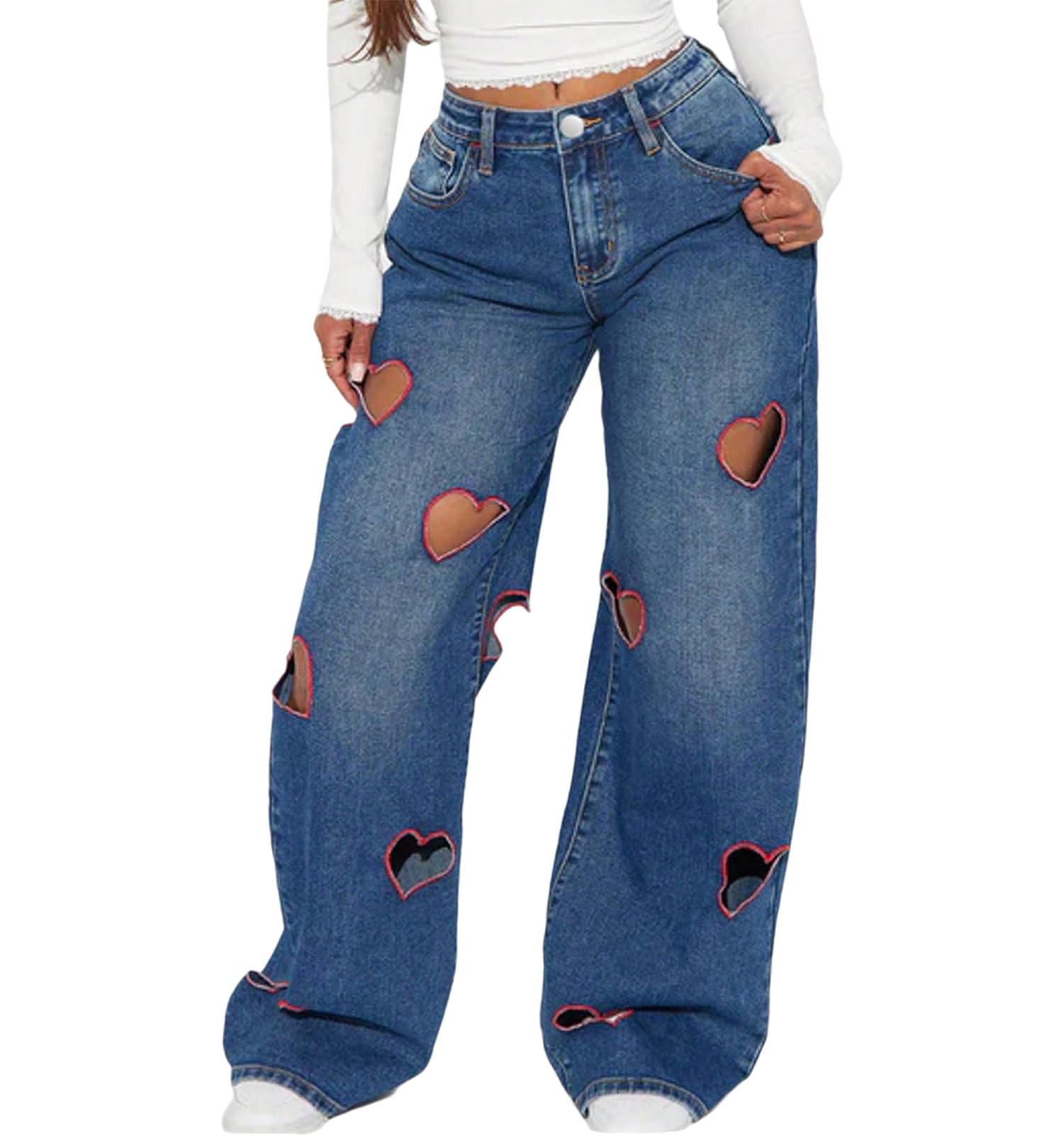 Women's Jeans Baggy High Waist Hollow Heart Embroidery Wide Leg Denim Pants